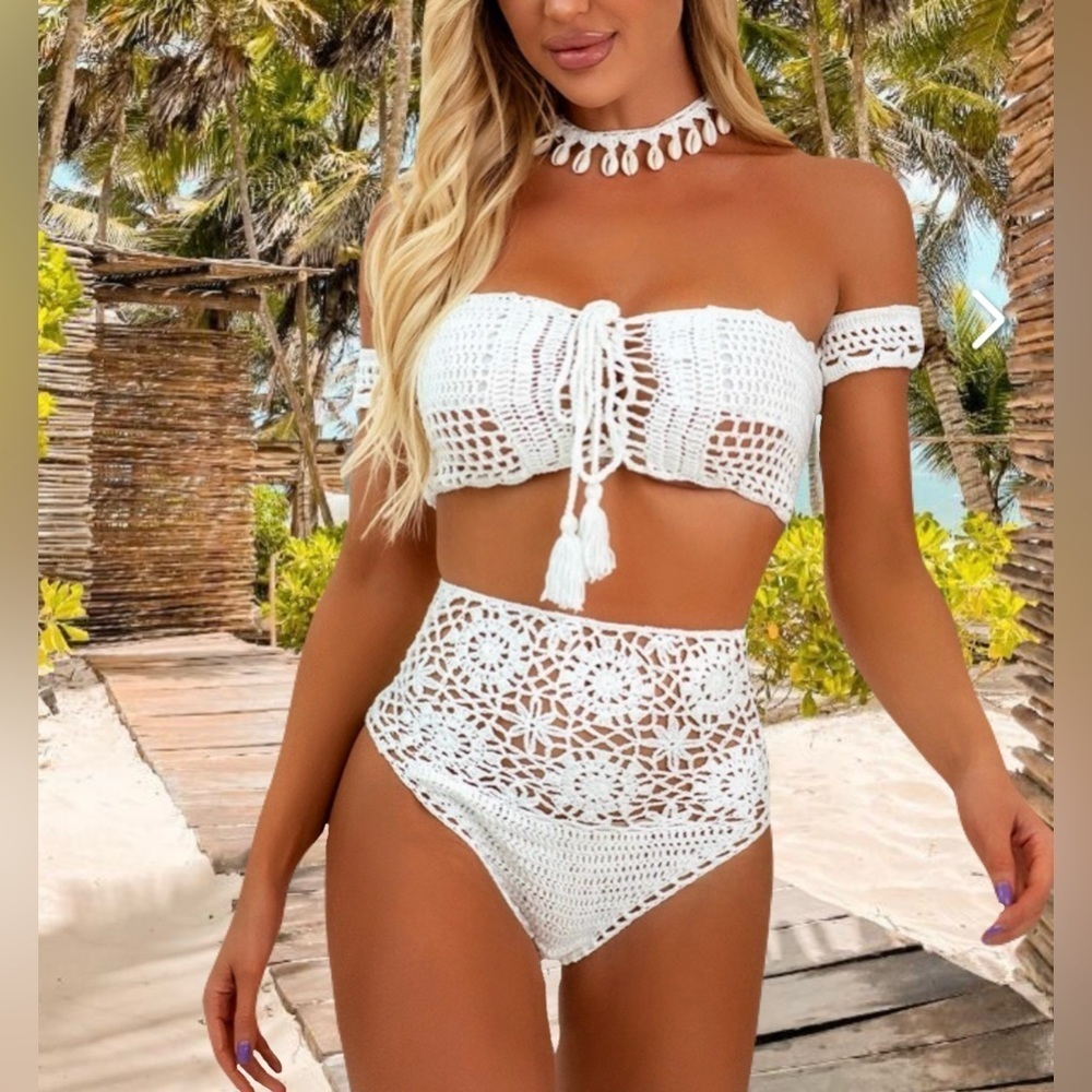 Elegant Bohemian Cotton Crochet Off Shoulder Top Lace Up Tassel Ties Bikini